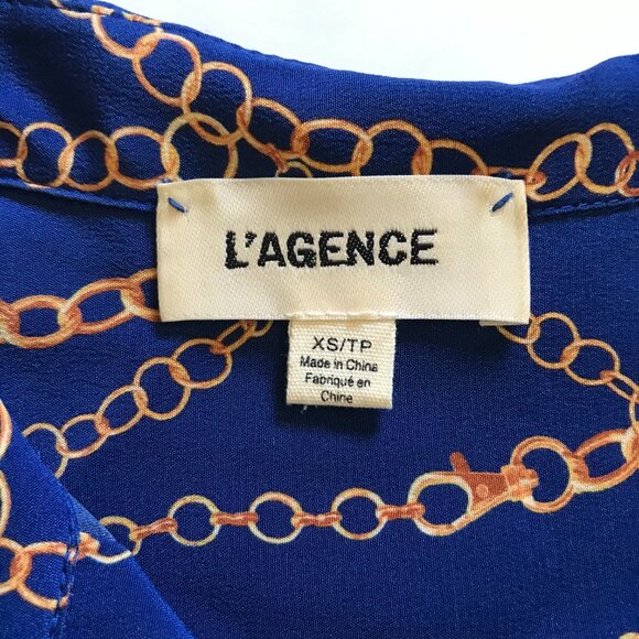 L'Agence Estelle Chain Mini Shirt Dress Womens XS Blue Gold Silk Button Down - Picture 6 of 13
